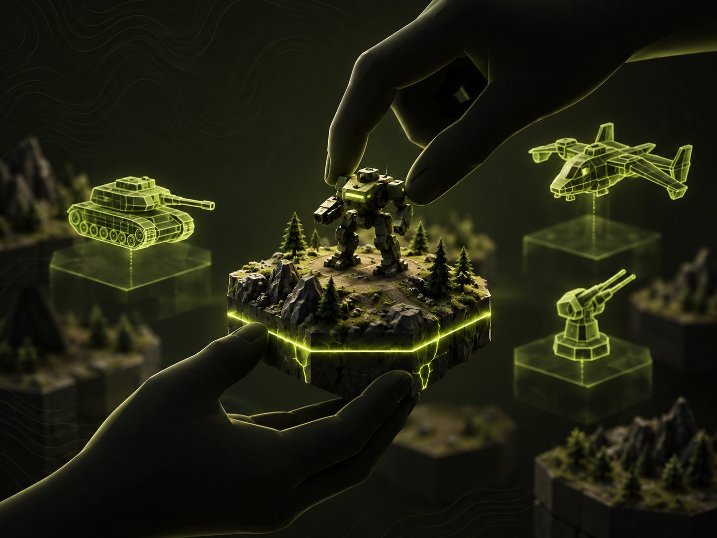 Hands placing a miniature mech onto a floating terrain tile, with glowing outlines of other units waiting nearby