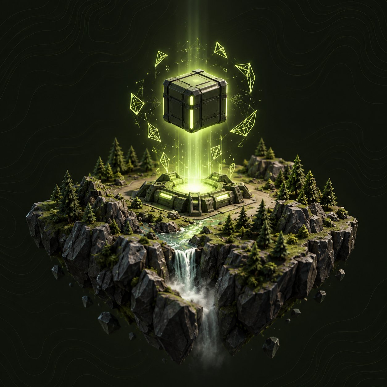 A glowing game package lifting off from a floating island